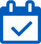 Cobalt blue icon of a calendar with a check mark in the center.