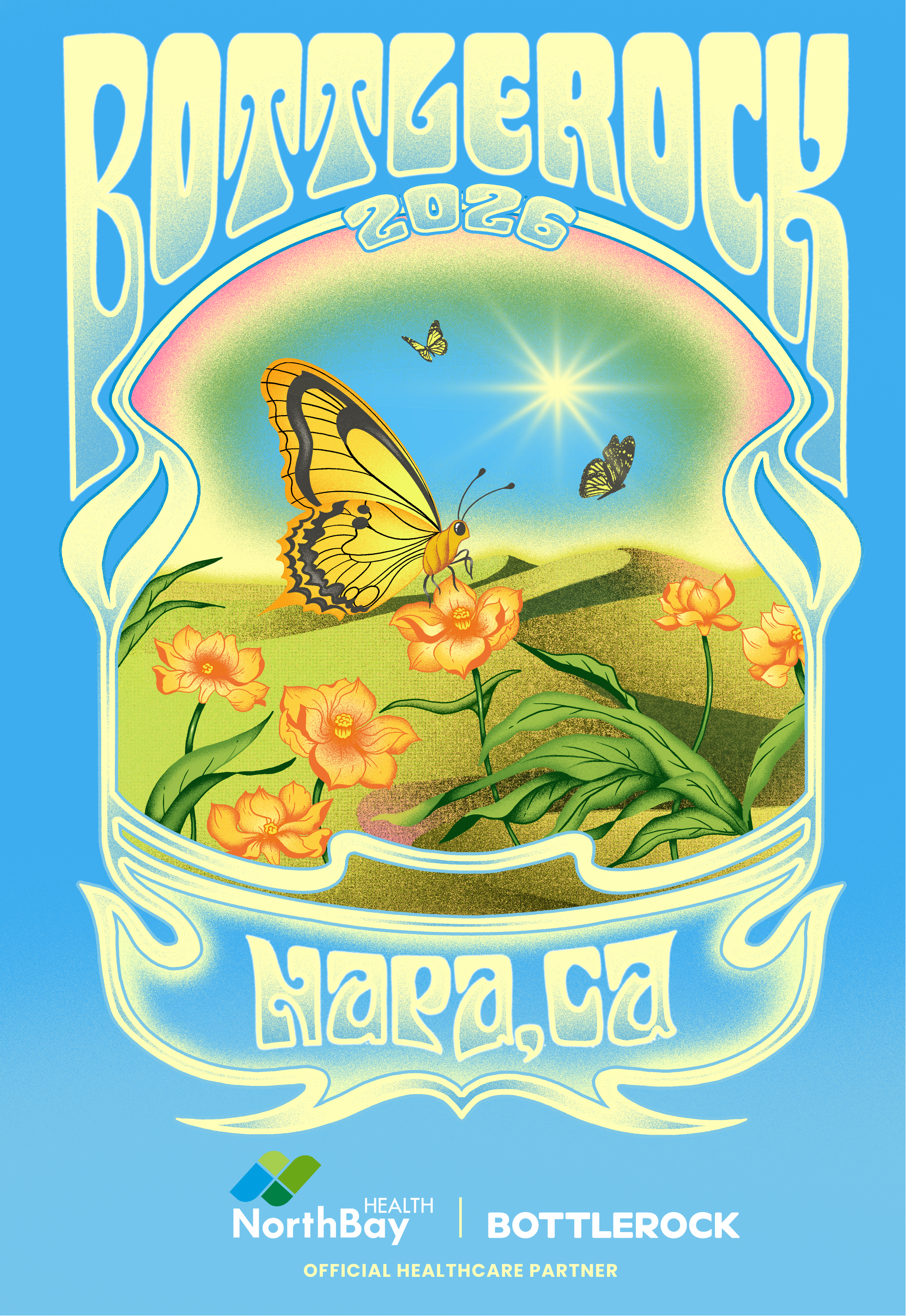 Bottlerock 2026 poster feature a retro design of monarchs on california poppies and rolling green hills in the background.